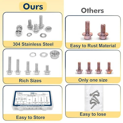 M6-1.0 Flange Bolt & Nut(12/16/20/25/30mm) Assortment Kit Stainless 288Pcs - size: SS Metric M6