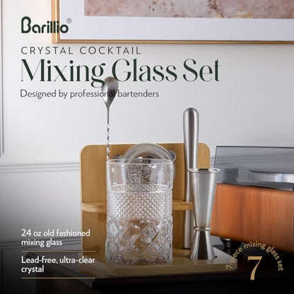 Barillio 24 Oz Crystal Cocktail Mixing Glass with Bamboo Stand & Bar Tools | Seamless Lead-Free Crystal, Weighted Base Stirring Pitcher | Including Muddler, Mixing Spoon, Jigger and Strainer - size: 7-Piece Set (24 oz)