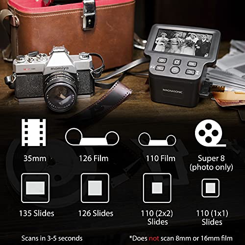 Magnasonic All-in-One 24MP Film Scanner with Large 5" Display & HDMI, Converts 35mm/126/110/Super 8 Film & 135/126/110 Slides into Digital Photos, with Bonus 32GB SD Card (FS71) - size: Film Scanner + 32GB SD Card