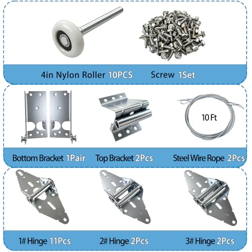Garage Door Hardware kit,for 16'x7' and 18'x7' Height Double Garage Doors,Includes Rollers/Hinges/Bottom Bracket/Top Bracket/Wire Rope/Screw Pack - size: 16*7 Ft Door