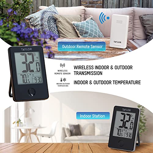 Taylor in/Out Wireless Thermometer with Remote Sensor and Clock - color: Black