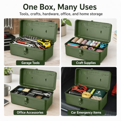 Portable Metal Tool Box with Removable Divider Tray, 14.2 in - color: Green