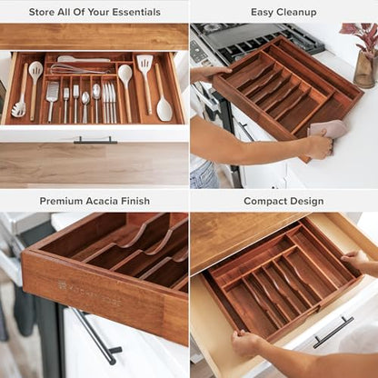 KitchenEdge Silverware & Utensil Organizer | Natural Acacia, 18-33 In - color: Natural Acacia, size: From 18" to 33" Wide