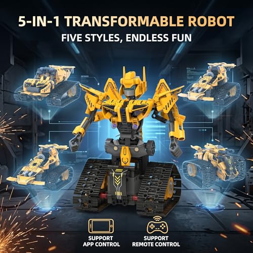 Robot Building Kit, 5-in-1 STEM Construction Toys with Remote & APP Control, 373+ Pcs Building Blocks, Programmable Coding Robot Gift - color: Black