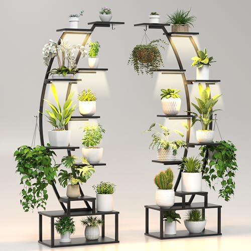Plant Stand Indoor with 8 Grow Light,65" Tall 10 Tier Black Half Moon Shelf - color: Black Board Black Metal 10 Tier 2 Pack