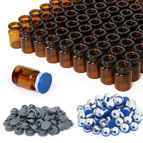 100 Pack 5ml Amber Glass Vials with Caps – 1.5 Dram Lab Headspace Vials - color: Amber Vial Blue Cap, size: 5ml
