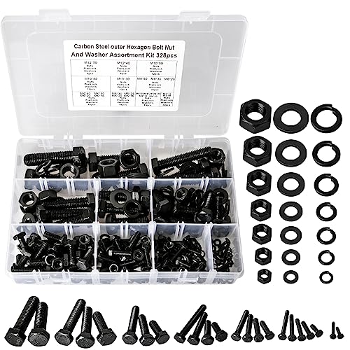 M3 M4 M5 M6 M8 M10 M12 Metric Bolt Assortment, Grade 8.8 Carbon Steel Hex Head Nuts and Bolts Assortment Kit, Hex Head Screw Bolt, Nuts, Flat & Lock Washers, Black, 328PCS - color: Black- 328PCS M3 M4 M5 M6 M8 M10 M12