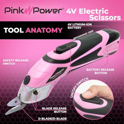 Pink Power Cordless Electric Scissors Fabric Cutter for Crafts, Box, Sewing, Carpet, & Scrapbooking - Heavy Duty Professional Rotary Shears Cutting Tool - Automatic Cardboard Cutter Fabric Scissor - color: Pink