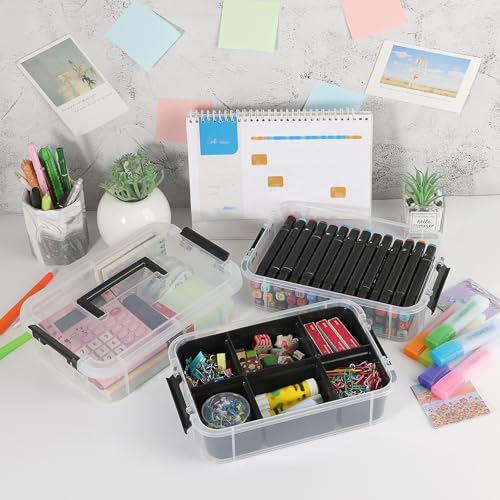 JUXYES 3-Tiers Plastic Stack Carry Storage Containers Box wih Handle Lids - color: Black