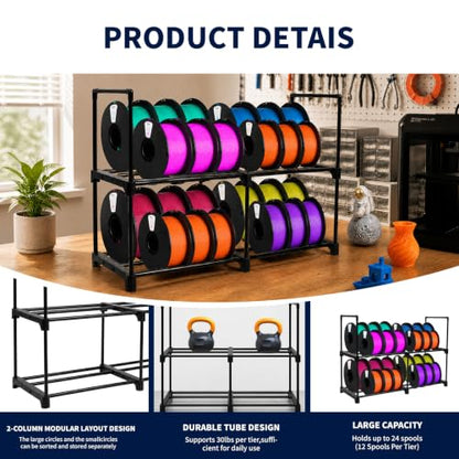 3D Printer Filament Storage Rack Desktop, 2-Tier Metal Filament Spool Holder, Fits 12 Spools(1KG), For 3D Printing PLA/ABS/PETG/TPU, Filament Spool Organizer, Ideal for Home, Office, Workshop(Black)