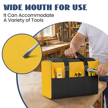 Tool Bag, 17 Inch, Yellow and Black, Wide Mouth Opening, Reinforced Handle, 3 Front Pockets - size: 17INCH/43CM