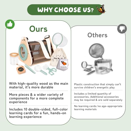 Bug Catcher for Kids, Wooden Bug Catching Outdoor Toys for Ages 4-8, STEM Explorer Activities with Butterfly Net Magnifying Glass Tweezers Insect Habitat Observation Cup Storage Bag Learning Cards