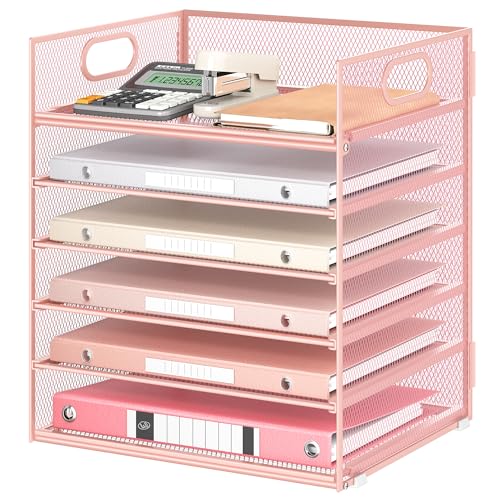 6 Tray Paper Organizer Letter Tray with Handle - Mesh Desk File Organizer, Paper Sorter Organizer for Office, Home or School File Folder Holder - Pink - color: 6 Tier - Pink, size: 12.6" x 9.1" x 13.5"