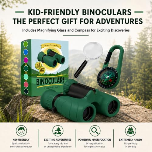 Binoculars for Kids – Perfect Toy for Little Boys and Girls – Extensive Set Incl. Magnifying Glass & Compass – Powerful Magnification 8X21 – 3 to 12 Year Old Kids for Toddler - color: Dark Green