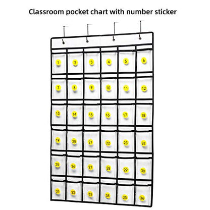 SAVERHO 36 Clear Pockets Classroom Pocket Chart for Cell Phones, Pocket Chart for Calculator Phone Holder with 36 Number Stickers and Hooks (White) - color: White-1pack of 36pockets