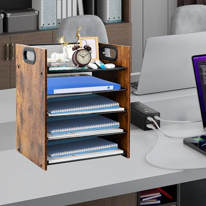 Desk Organizer - 5-Tier Desktop File Organizer, Wooden Paper Tray Organizer, Office Desk Organzier and Accessories for Papers, Mail, Notebooks, Stationery - size: 5 Tier