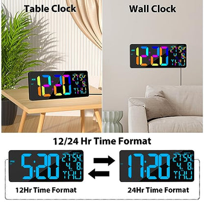 18" Large RGB Digital Wall Clock 11 Color, Remote Auto Dimming Alarm - color: 11 Color Change