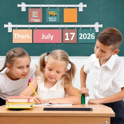 96 Cards Classroom Bulletin Board Decorations Set for Teachers,Flip Calendar with Holder for Classroom,Adjustable Calendar,Preschool Elementary Home Decor Supplies（Pink and Green） - style: Pink and Green
