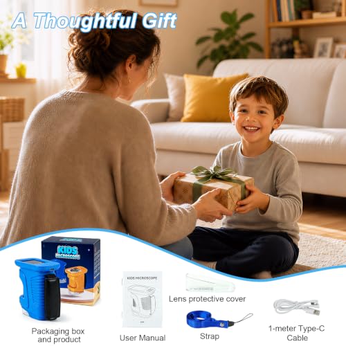 Kids Microscope,1000X HD Digital Handheld Mini Microscope 2.4" IPS Screen - color: Blue