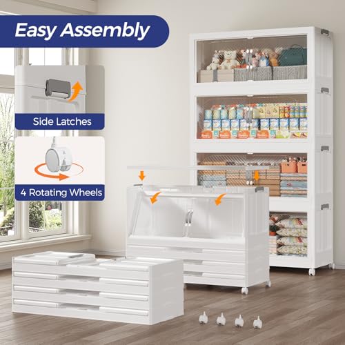 480QT Extra Large Stackable Storage Bins with Lid, 120Gal Plastic Closet Organizers and Storage Drawer, Collapsible Cabinet Box with Wheels Clear Doors for Home Kitchen Office, 3Pack White - size: 160QT