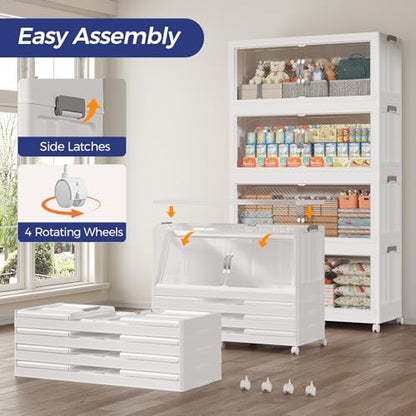 480QT Extra Large Stackable Storage Bins with Lid, 120Gal Plastic Closet Organizers and Storage Drawer, Collapsible Cabinet Box with Wheels Clear Doors for Home Kitchen Office, 3Pack White - size: 160QT
