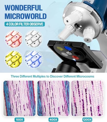 58-Piece Kids Microscope Kit - 100X-1200X Magnification, Metal Body, LED Light, Carrying Box - Science Experiment Toy for Kids Ages 5-12 - color: Blue