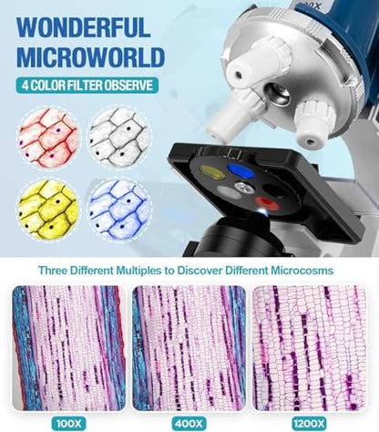 58-Piece Kids Microscope Kit - 100X-1200X Magnification, Metal Body, LED Light, Carrying Box - Science Experiment Toy for Kids Ages 5-12 - color: Blue