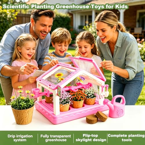 Kids Mini Greenhouse Plant Growing Kit with Drip Irrigation System,Transparent Plant Observation House Complete Gardening Tools,STEM Science Educational Planting Toy Gift for Boys Girls Age 3-12