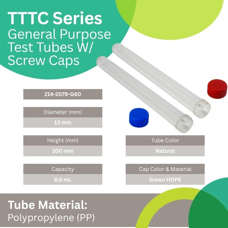 Caplugs Evergreen 214-2079-G60 TTTC Series General Purpose Test Tubes with Screw Caps, 13mm (D) x 100mm (H), 8 mL, Polypropylene Tube, HD-PE Cap, Laboratory Testing, Transparent, Green (Pack of 250)