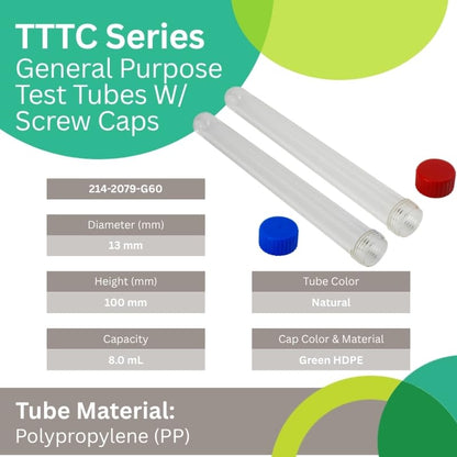 Caplugs Evergreen 214-2079-G60 TTTC Series General Purpose Test Tubes with Screw Caps, 13mm (D) x 100mm (H), 8 mL, Polypropylene Tube, HD-PE Cap, Laboratory Testing, Transparent, Green (Pack of 250)