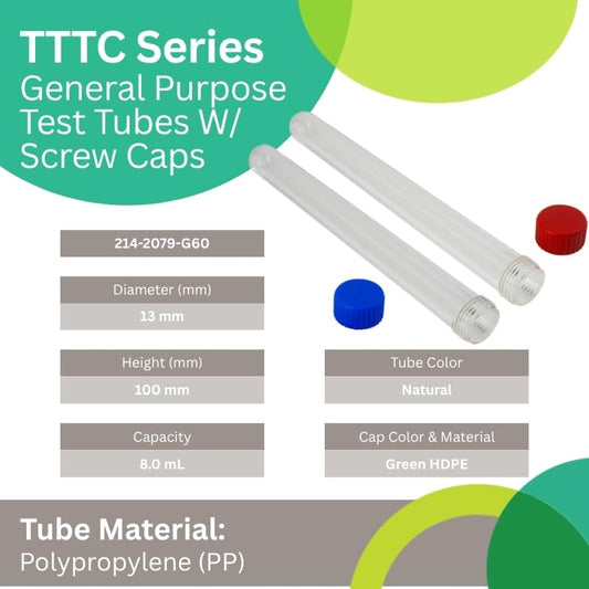 Caplugs Evergreen 214-2079-G60 TTTC Series General Purpose Test Tubes with Screw Caps, 13mm (D) x 100mm (H), 8 mL, Polypropylene Tube, HD-PE Cap, Laboratory Testing, Transparent, Green (Pack of 250)