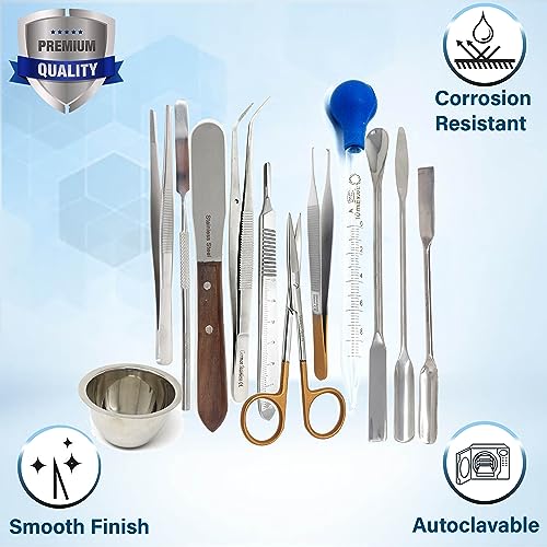 A2Z Scilab 12 Pcs Lab Micro Spatula Spoon Tweezers Sampler Instrument Kit, Stainless Steel - Multi Purpose Laboratory Sampling Set with Mixing Bowl & Pipette - Basic Medical Dental Science Lab Kit