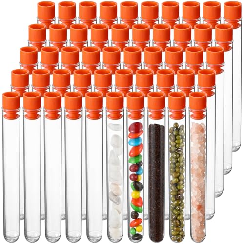 50 Pake 8 ml Clear Test Tubes with Caps 12x100mm Plastic Vials Test Tubes for Scientific Experiments Halloween Christmas Scientific Themed Birthday Party Supplies Candy Storage (Orange) - color: Orange