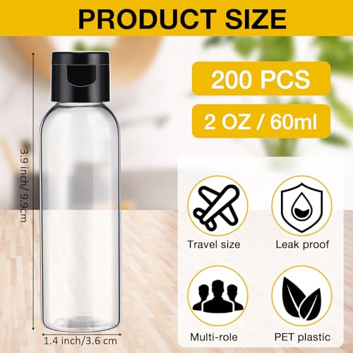 Zhehao 200 Pcs 2 oz Clear Plastic Empty Bottles with Lids(Black Cap) - color: Black Cap,Clear