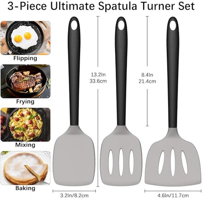 Coukre 3 Pack Silicone Spatula Set, Heat Resistant to 500°F, BPA-Free - color: GrayBlack