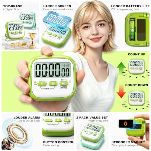 Antonki 2 Pack Classroom Timers for Kids Teachers, Magnetic Countdown Digital Kitchen Timer for Cooking, Study, Exercise, Games, Time Mangement - Loud/Silent Mode - Battery Included - color: Classic Lime Green + Mint Green