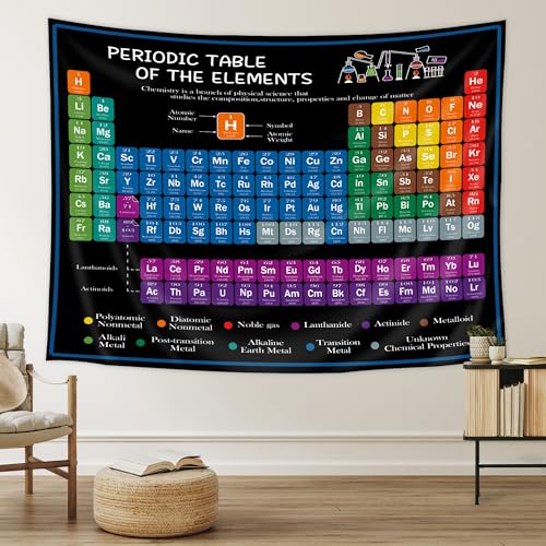 Riyidecor Periodic Table Tapestry 91WX71L Inch Chemistry Elements Educational Scientific Teachers School Student Cool Aesthetic Practical Family Cute Symbols Wall Hanging Living Room Bedroom Decor - color: 01Black, size: 71"L x 91"W