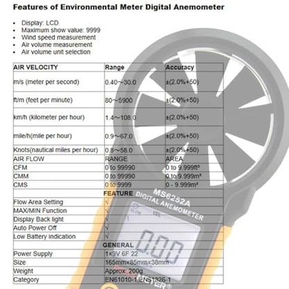 MS6252A Digital Anemometer Handheld Wind Speed Meter