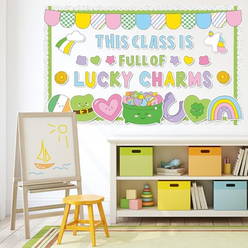 St. Patrick's Day Bulletin Board Decoration Lucky Shamrock Clover Rainbow Gold Coin Irish Clover Cutouts March Classroom Bulletin Board Set for School Chalkboard Wall Door Decoration Favor - style: St. Patrick's Day