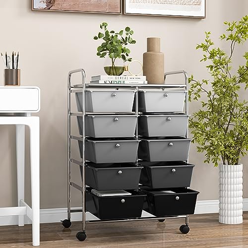 COSTWAY 10 Drawer Rolling Storage Cart, Utility Cart with Lockable Wheels - color: Mixed Black, size: 10 Drawer