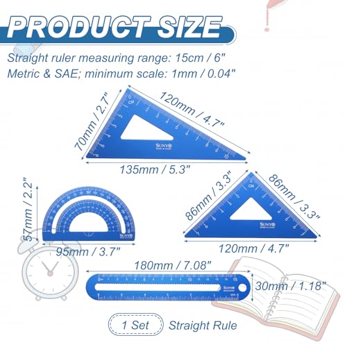 HARFINGTON 4pcs Triangular Ruler Set 15cm/6" Aluminum Alloy Blue - color: Blue