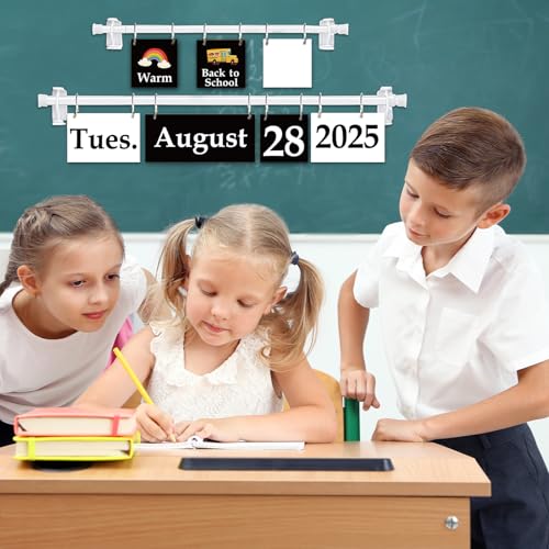 96 Cards Classroom Bulletin Board Decorations Set for Teachers,Flip Calendar with Holder for Classroom,Adjustable Calendar,Preschool Elementary Home Decor Supplies（Black and White） - style: Black and White