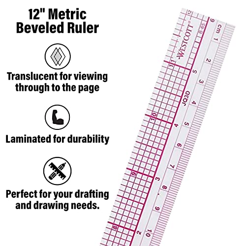 Westcott 10ths/Metric Beveled Ruler, 12-Inch/30cm (B-65), Clear - size: 1 Count (Pack of 1)