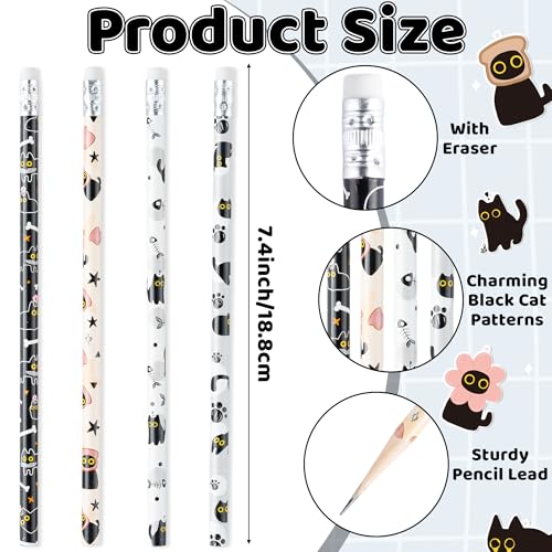 Xqumoi Black Cat Pencils with Eraser - Cute Black Cat #2 HB Pencils, Classroom Student Rewards Back to School Office Supply Kawaii Animal Goodie Bag Fillers Stuffers Halloween Party Favors - style: Black Cat