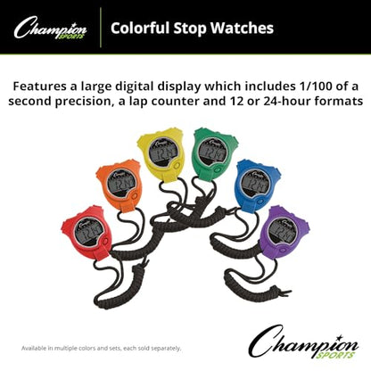 Champion Sports Digital Stopwatch – Water-Resistant Stopwatch with Lap Counter, Set of 6 for Track, Field & Fitness