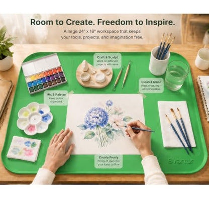 Silicone Craft Mat 24" x 16" with Raised Edge, Roll-Up Design with Storage Strap, Multi-Purpose Desk & Table Protector Silicone Art Mat for Crafts, Painting & DIY, Green - color: Green