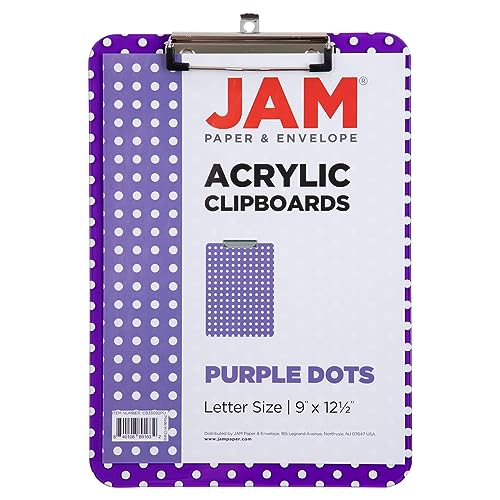 JAM PAPER Plastic Clipboards with Low Profile Metal Clip - Letter Size (9 x 12.5) - Purple Polka Dot - Clip Board Sold Individually - color: Purple Polka Dot, size: Single Clipboards