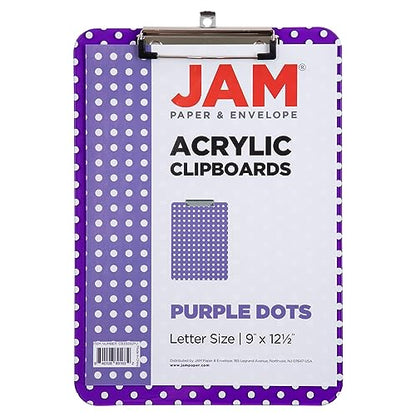 JAM PAPER Plastic Clipboards with Low Profile Metal Clip - Letter Size (9 x 12.5) - Purple Polka Dot - Clip Board Sold Individually - color: Purple Polka Dot, size: Single Clipboards