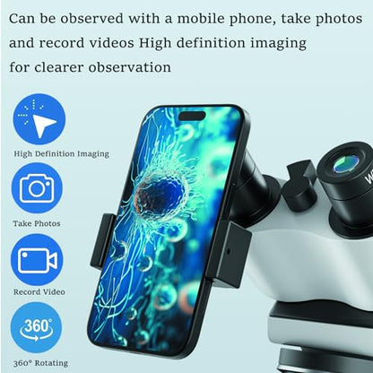 Professional Compound Monocular Microscopes for Adults, Kids 8-12 & Students | 40X-2000X Magnification Lab & Home Microscope with Phone Holder, Complete Slides Set