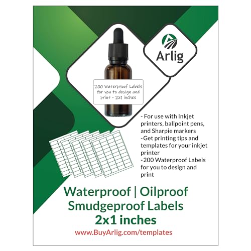 Arlig 2x1 Inch Waterproof Labels for Inkjet Printers Smudge-Proof, Oil-Proof Label for Bottles, Pantry, Lip Gloss, Jars, Food, and Essential Oils | 200 Labels (5 Letter Size Sheets, 40/Sheet) (Matte)